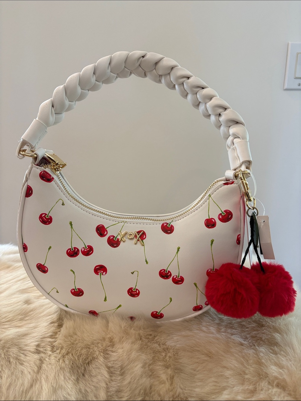 Betsey Johnson White & Red Cherry Print Purse Faux Fur Cherry Pom-Pom Charm NWT